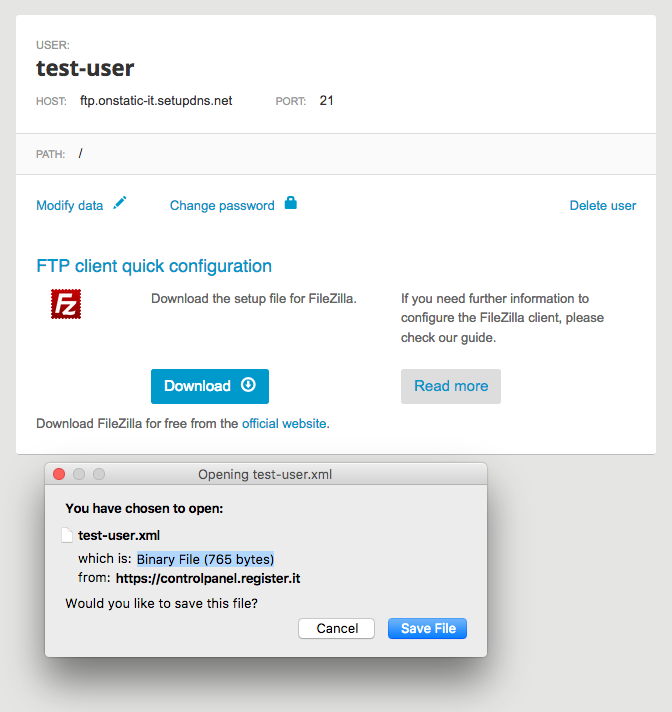 aaccount ftp su filezilla