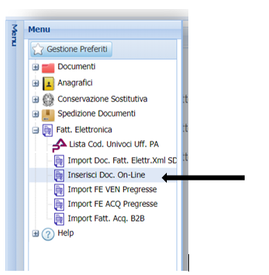 Menu di creazione Fatturazione Elettronica