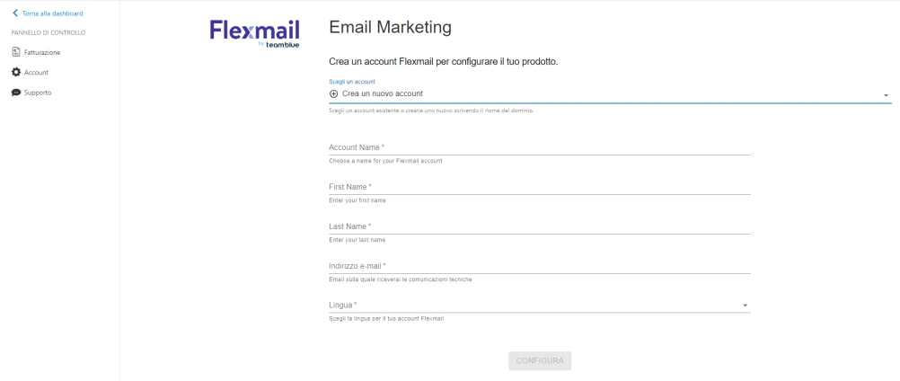 Modulo di creazione account Flexmail con campi Account Name, First Name, Last Name, indirizzo email e lingua
