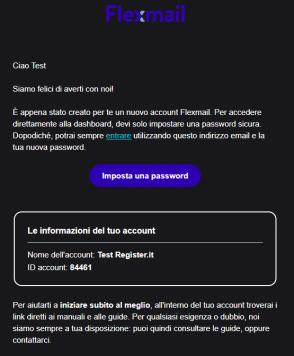 Email di benvenuto Flexmail con pulsante Imposta una password, nome account e ID account