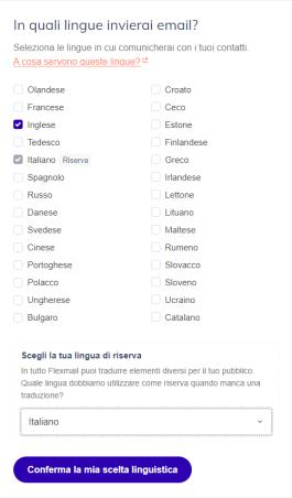 Selezione multipla delle lingue di invio email e scelta della lingua di riserva