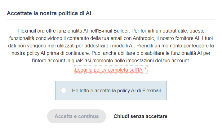 Schermata di accettazione della policy AI di Flexmail, con checkbox e pulsanti Accetta e continua o Chiudi senza accettare