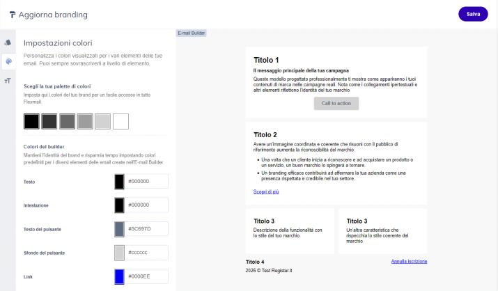 Pannello impostazioni colori con palette brand e colori per testo, intestazione, pulsante e link
