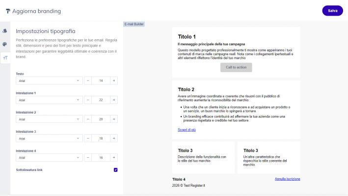 Pannello impostazioni tipografia con font e dimensioni per testo e intestazioni