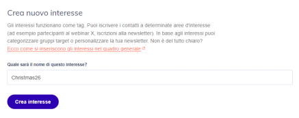 Form di creazione di un nuovo interesse, con campo nome e pulsante Crea interesse