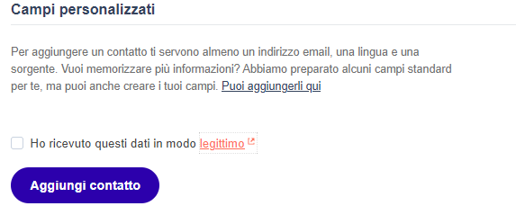 Form campi personalizzati per l'aggiunta di un contatto, con checkbox sul consenso legittimo
