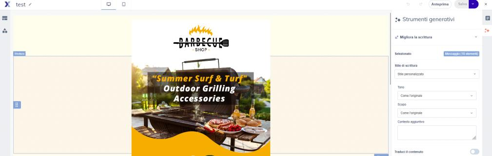 Editor email con pannello Strumenti generativi AI per migliorare la scrittura