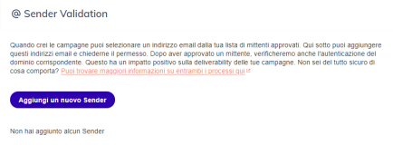 Pannello Sender Validation con pulsante Aggiungi un nuovo Sender