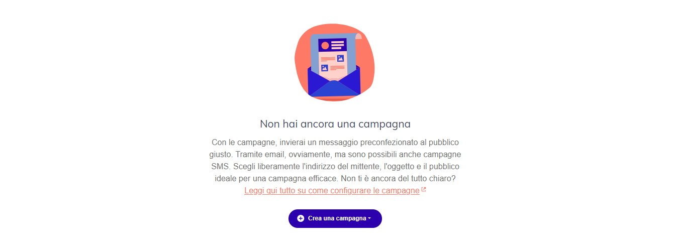 Schermata iniziale senza ancora alcuna campagna creata, con pulsante Crea una campagna