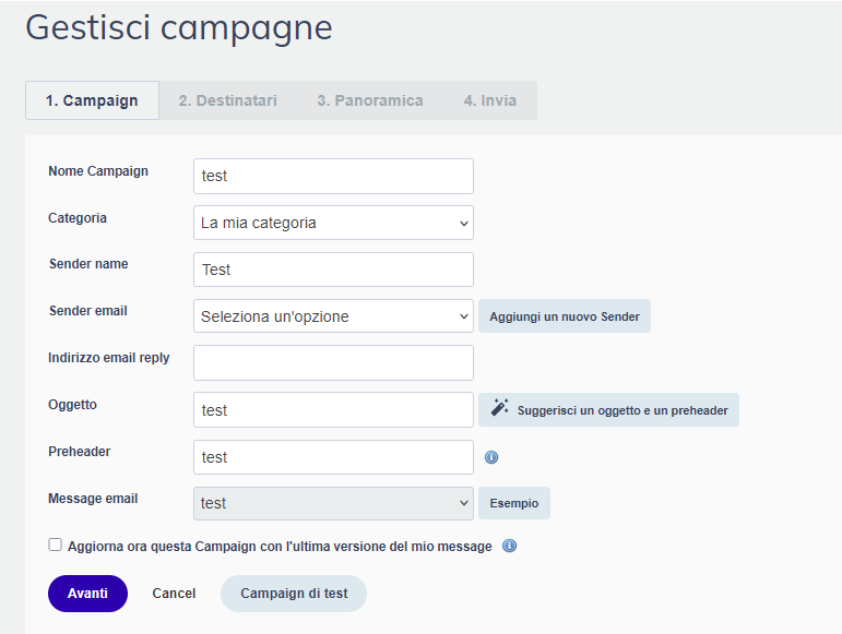 Wizard di gestione campagna, tab Campaign con campi nome, categoria, sender, oggetto, preheader e messaggio